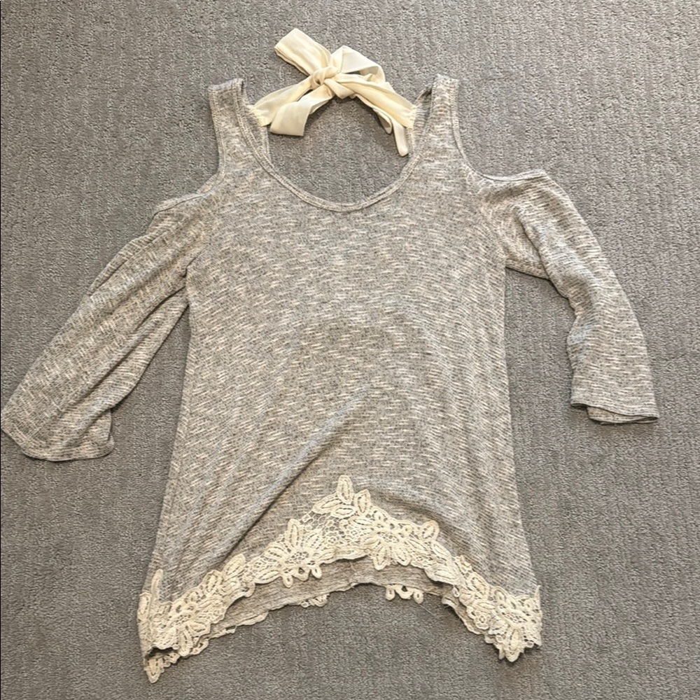 Moa Moa Gray Off-the-Shoulder Sweater with Lace Trim